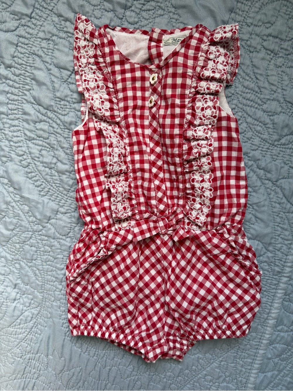 Mayoral Red and White Gingham Lace-Trim One-Piece